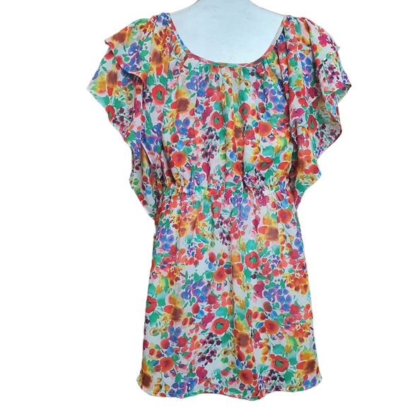 H&M Garden Collection Blouse Size 12 Watercolour Floaty Frill Top Milkmaid - Picture 7 of 9